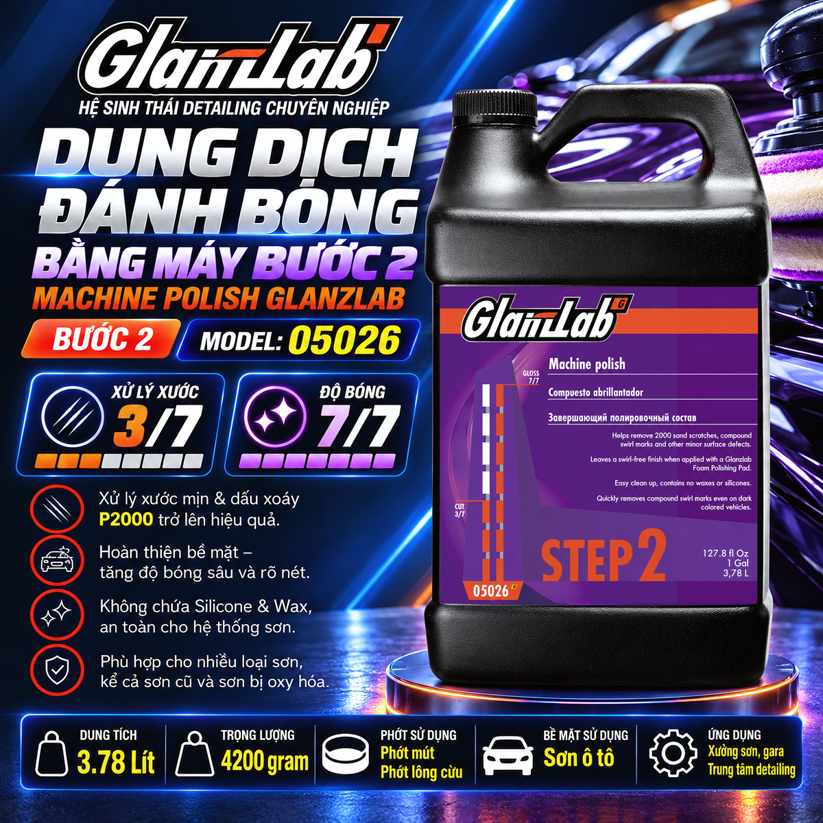 Dung Dịch Đánh Bóng Bằng Máy Bước 2 – Machine Polish Glanzlab Model 05026 (4.2Kg) | Giải Pháp Thay Thế Cho 3M 39809 Dung Dịch Đánh Bóng Bằng Máy Bước 2 – Machine Polish Glanzlab Model 05026 (4.2Kg) | Giải Pháp Thay Thế Cho 3M 39809
