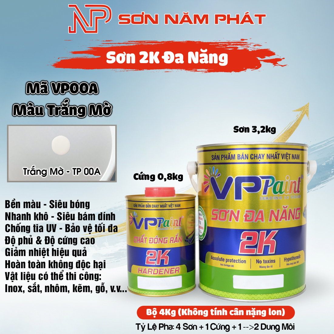 Sơn 2K Đa Năng VietPaint VPPaint VP00A – Màu Trắng Mờ | Bộ 4kg Sơn 2K Đa Năng VietPaint VPPaint VP00A – Màu Trắng Mờ | Bộ 4kg