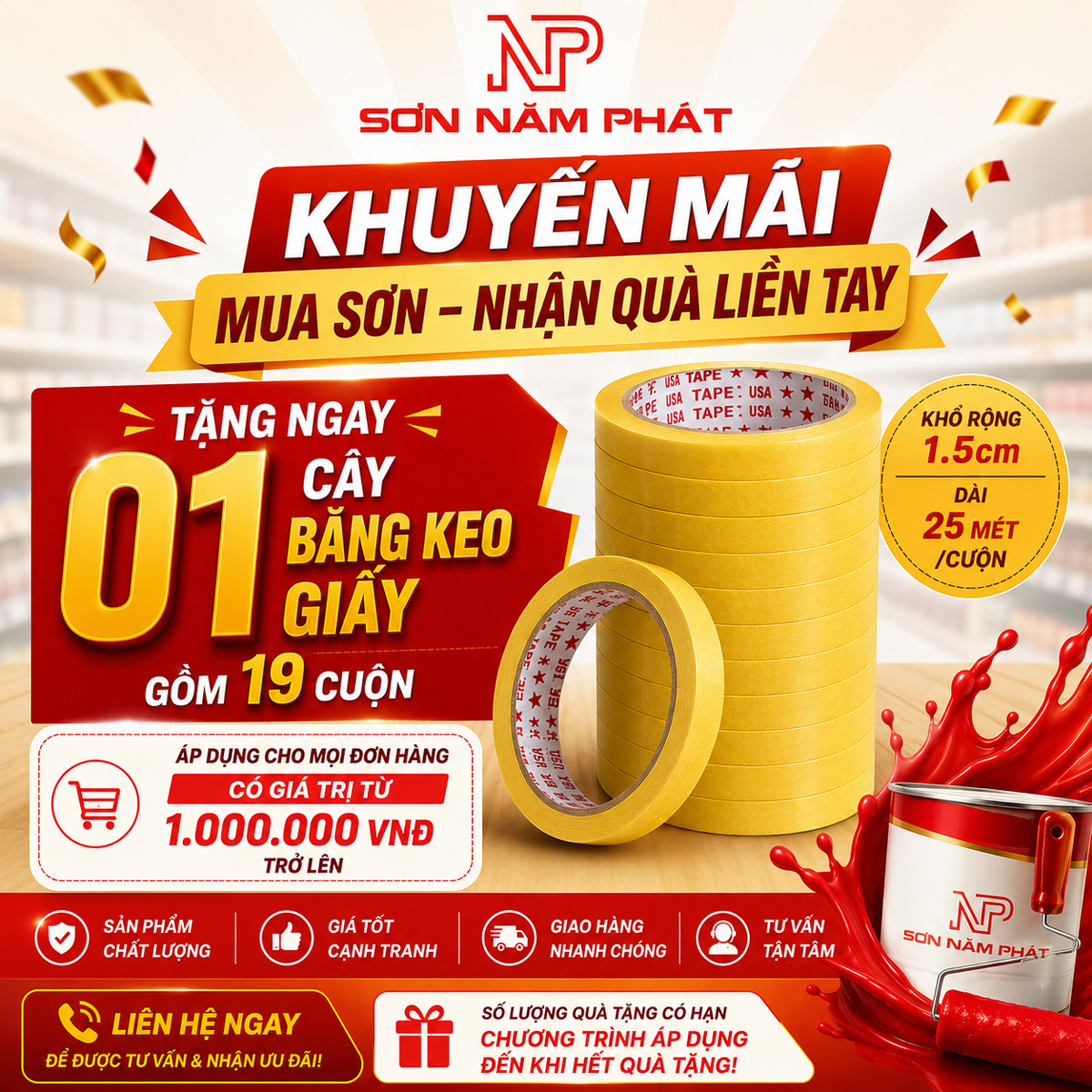 Mua Sơn Nhận Quà Liền Tay Tại Sơn Năm Phát – Tặng 01 Cây Băng Keo Giấy 19 Cuộn