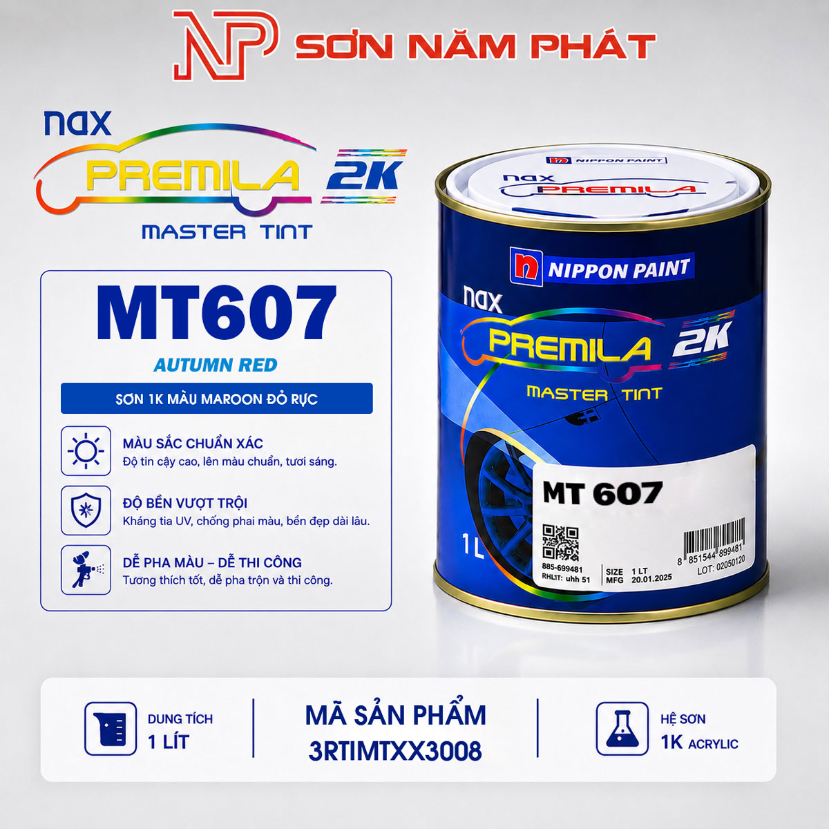 Sơn Nippon Paint NAX Premila 1K MT607 – Maroon Đỏ Rực | 1 Lít Sơn Nippon Paint NAX Premila 1K MT607 – Maroon Đỏ Rực | 1 Lít