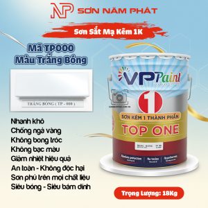 Sơn Sắt Mạ Kẽm 1K TOP ONE Mã TP000 – Màu Trắng Bóng | Thùng 18Kg | VPPaint