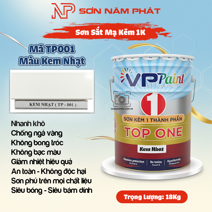 Sơn Sắt Mạ Kẽm 1K TOP ONE Mã TP001 – Màu Kem Nhạt | Thùng 18Kg | VPPaint Sơn Sắt Mạ Kẽm 1K TOP ONE Mã TP001 – Màu Kem Nhạt | Thùng 18Kg | VPPaint