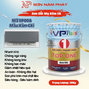 ⭐ Sơn Sắt Mạ Kẽm 1K TOP ONE Mã TP006 – Màu Xám Ghi | 18Kg | VPPaint