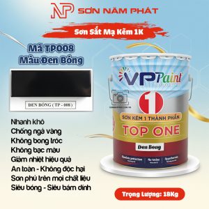 Sơn Sắt Mạ Kẽm 1K TOP ONE Mã TP008 – Màu Đen Bóng | 18Kg | VPPaint