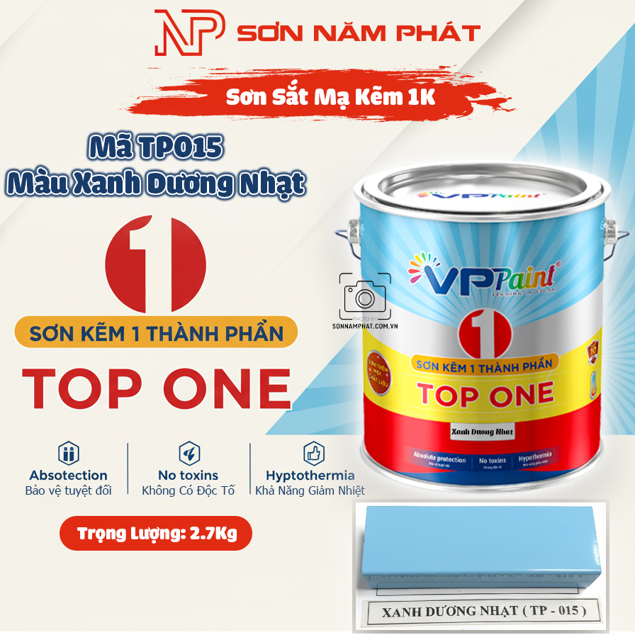 Sơn Sắt Mạ Kẽm 1K TOP ONE Mã TP015 – Màu Xanh Dương Nhạt | 2,7Kg | VPPaint Sơn Sắt Mạ Kẽm 1K TOP ONE Mã TP015 – Màu Xanh Dương Nhạt | 2,7Kg | VPPaint