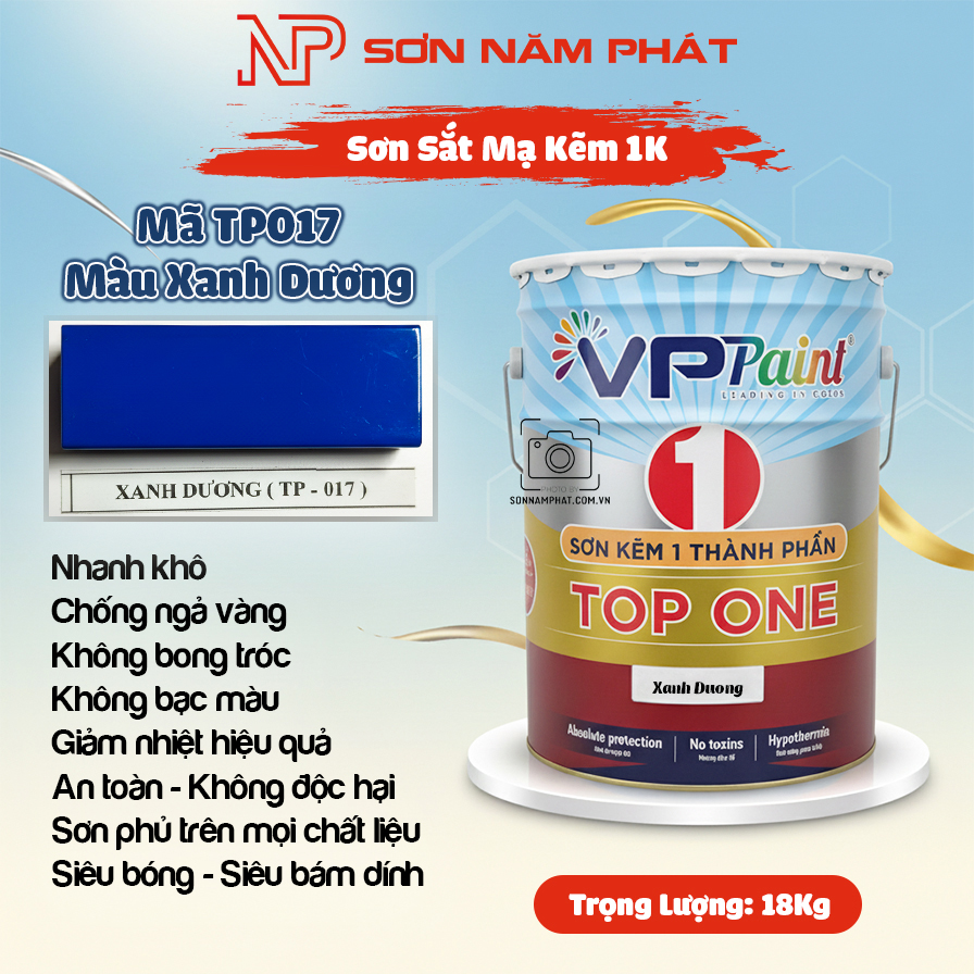 Sơn Sắt Mạ Kẽm 1K TOP ONE Mã TP017 – Màu Xanh Dương | 18Kg | VPPaint Sơn Sắt Mạ Kẽm 1K TOP ONE Mã TP017 – Màu Xanh Dương | 18Kg | VPPaint