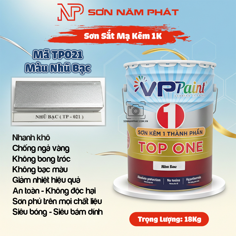 Sơn Sắt Mạ Kẽm 1K TOP ONE Mã TP021 – Màu Nhũ Bạc | 18Kg | VPPaint Sơn Sắt Mạ Kẽm 1K TOP ONE Mã TP021 – Màu Nhũ Bạc | 18Kg | VPPaint