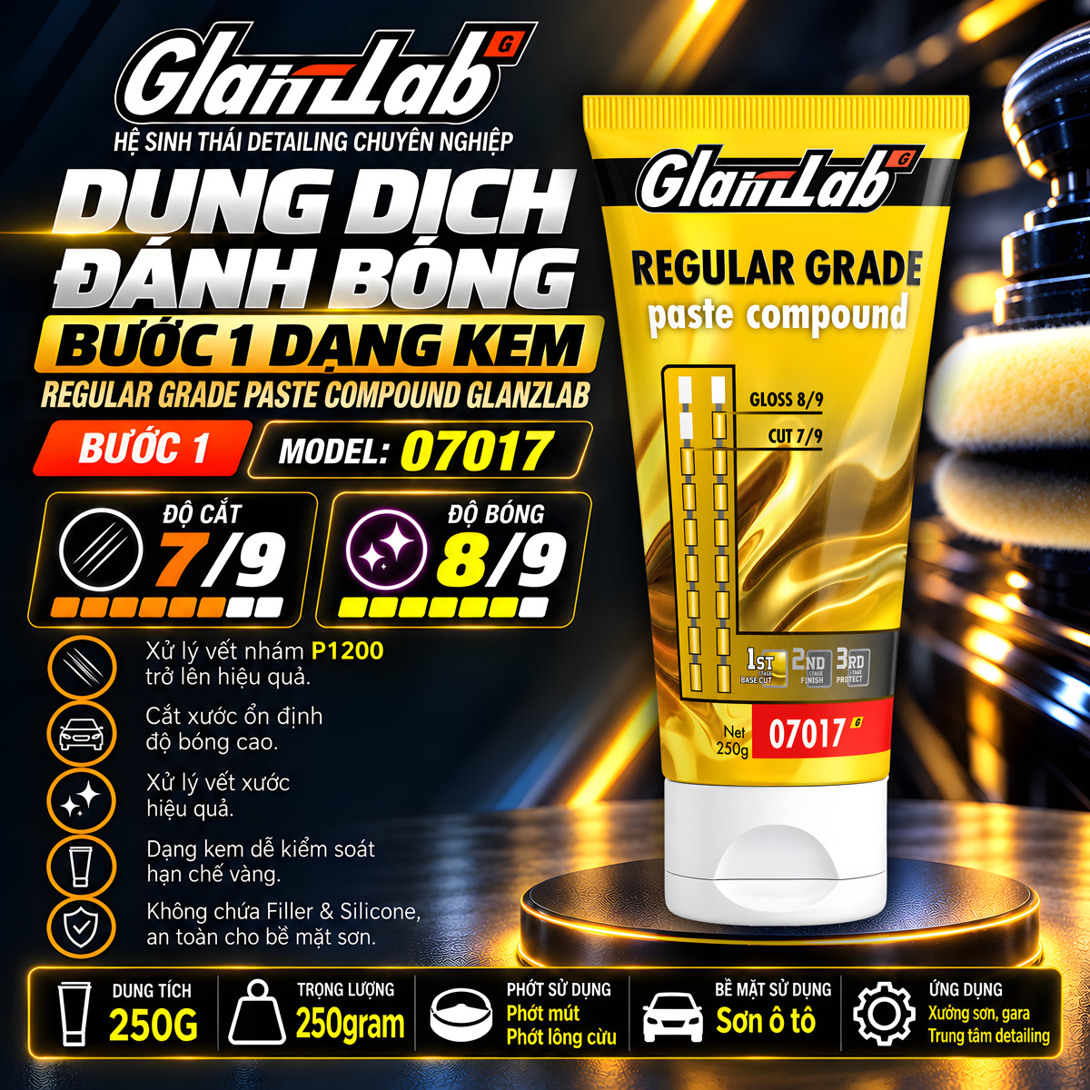 Dung dịch đánh bóng Bước 1 dạng kem Regular Grade Paste Compound Glanzlab Model 07017 250G thay thế Farecla G3 Regular Grade Dung dịch đánh bóng Bước 1 dạng kem Regular Grade Paste Compound Glanzlab Model 07017 250G thay thế Farecla G3 Regular Grade