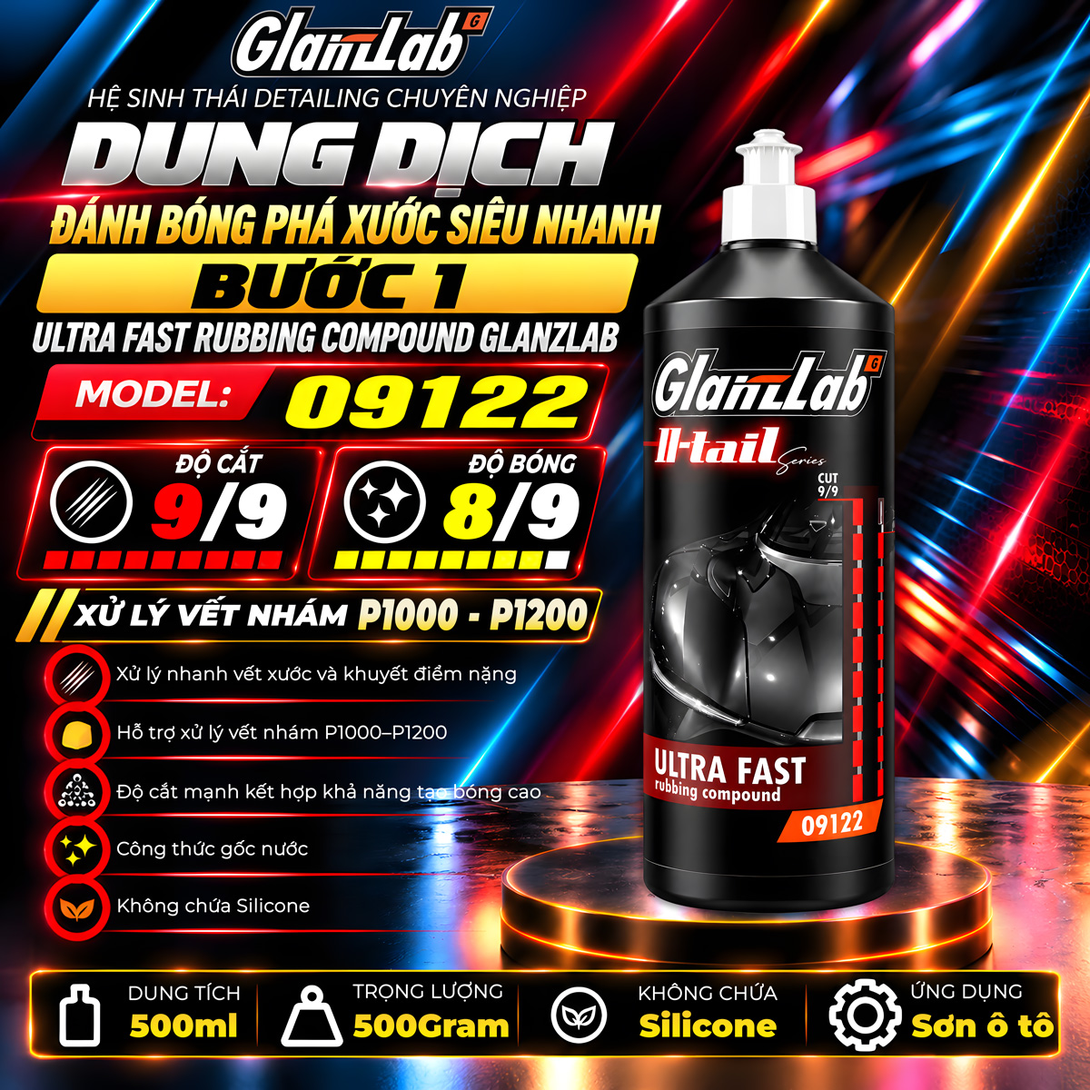 Dung dịch đánh bóng phá xước Ultra Fast Rubbing Compound GlanzLab 09122 500ml thay thế 3M 36057 và 36060 Dung dịch đánh bóng phá xước Ultra Fast Rubbing Compound GlanzLab 09122 500ml thay thế 3M 36057 và 36060