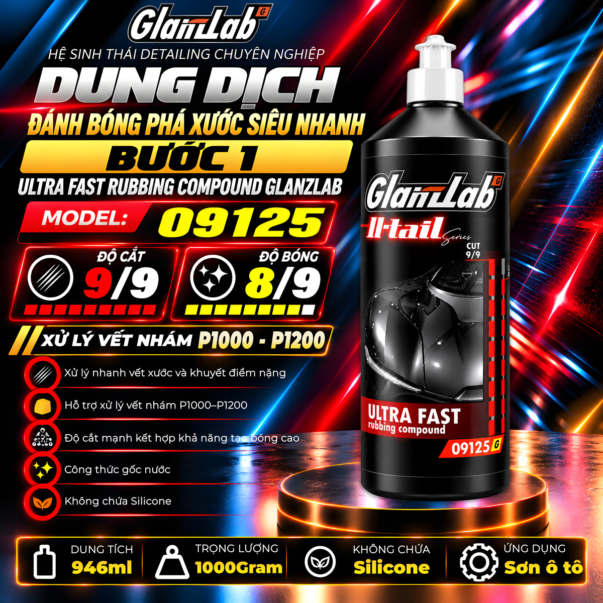 Dung dịch đánh bóng phá xước Ultra Fast Rubbing Compound GlanzLab 09125 946ml 945g thay thế 3M 36057 và 36060 Dung dịch đánh bóng phá xước Ultra Fast Rubbing Compound GlanzLab 09125 946ml 945g thay thế 3M 36057 và 36060