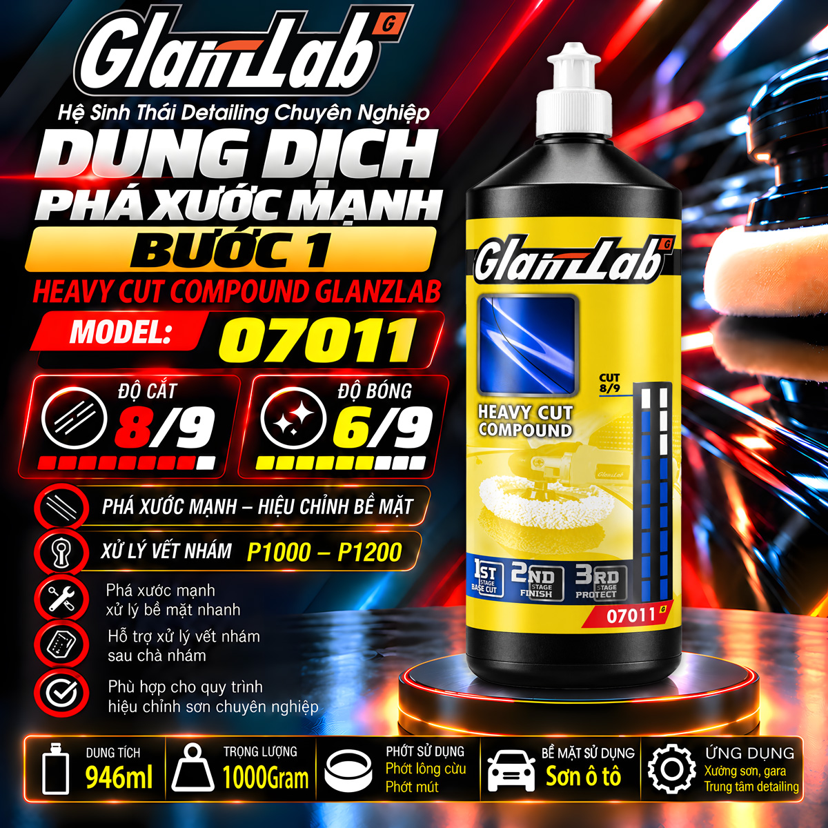 Dung dịch phá xước mạnh Bước 1 Heavy Cut Compound Glanzlab Model 07011 946ml 1000g thay thế FARECLA G3 EXTRA PLUS Dung dịch phá xước mạnh Bước 1 Heavy Cut Compound Glanzlab Model 07011 946ml 1000g thay thế FARECLA G3 EXTRA PLUS