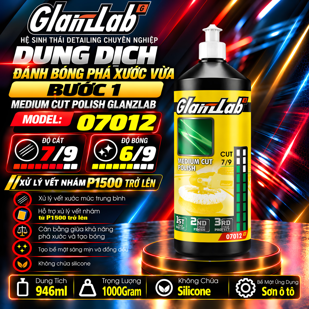 Dung Dịch Đánh Bóng Phá Xước Vừa Bước 1 – Medium Cut Polish GlanzLab Model 07012 (946ml – 1000g) | Thay Thế MENZERNA 2500 Dung Dịch Đánh Bóng Phá Xước Vừa Bước 1 – Medium Cut Polish GlanzLab Model 07012 (946ml – 1000g) | Thay Thế MENZERNA 2500