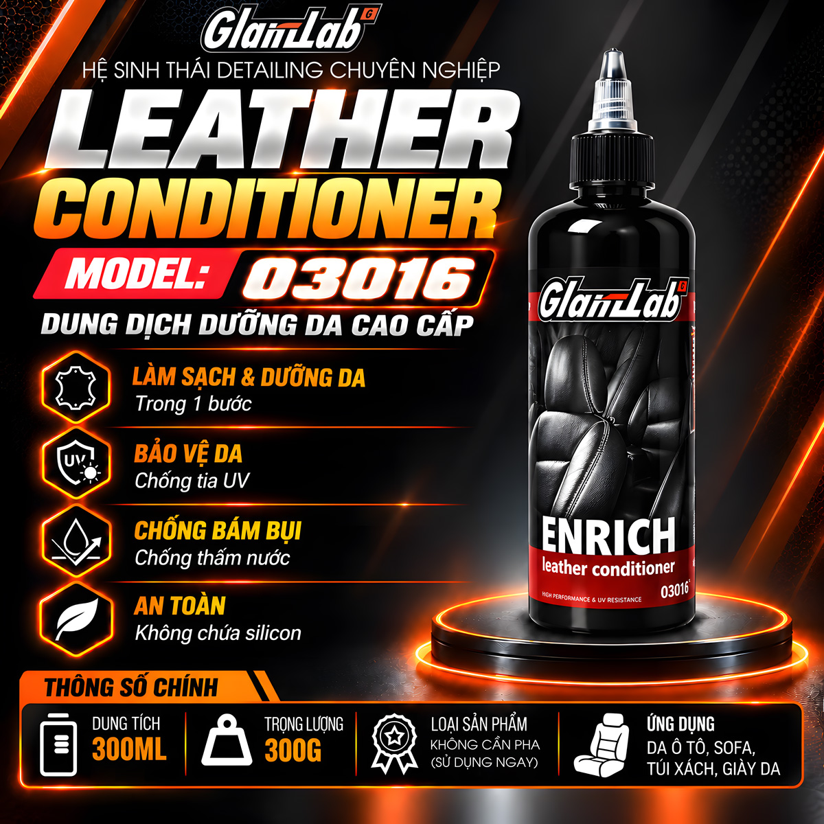 Dung dịch làm sạch và dưỡng da GlanzLab Leather Conditioner 03016 300ml Dung dịch làm sạch và dưỡng da GlanzLab Leather Conditioner 03016 300ml