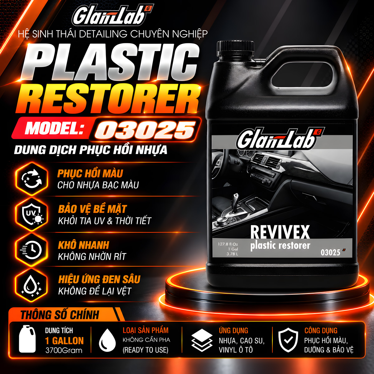 Dung dịch phục hồi nhựa ô tô GlanzLab Plastic Restorer 03025 1 Gallon 3,7kg Dung dịch phục hồi nhựa ô tô GlanzLab Plastic Restorer 03025 1 Gallon 3,7kg