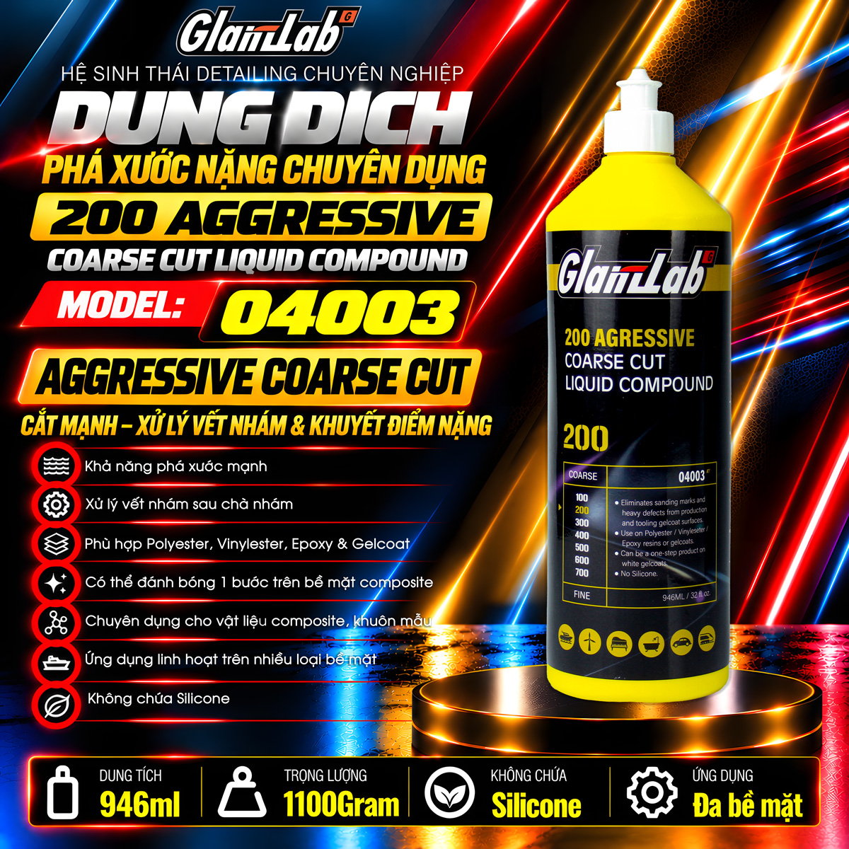 Dung dịch phá xước GlanzLab 04003 946ml thay thế Farecla Profile 200 Select Coarse Cut Liquid Compound Dung dịch phá xước GlanzLab 04003 946ml thay thế Farecla Profile 200 Select Coarse Cut Liquid Compound