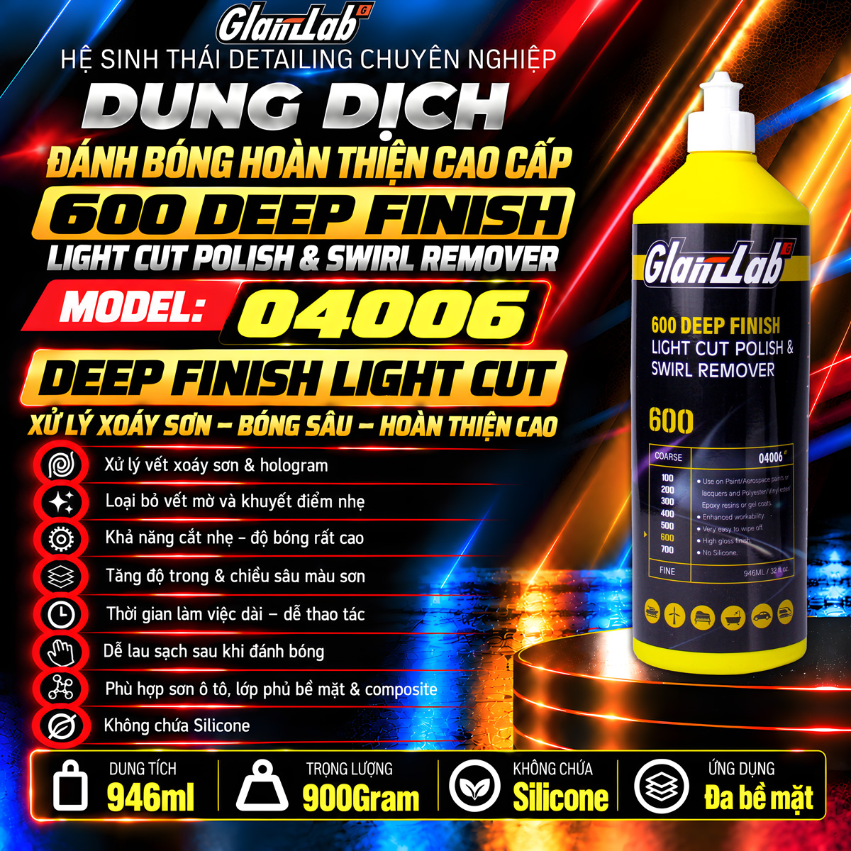 Dung dịch đánh bóng hoàn thiện GlanzLab 04006 946ml thay thế Farécla Profile 700 Finish Light Cut Polish and Swirl Remover Dung dịch đánh bóng hoàn thiện GlanzLab 04006 946ml thay thế Farécla Profile 700 Finish Light Cut Polish and Swirl Remover