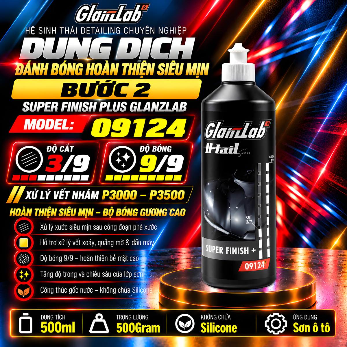 Dung dịch đánh bóng hoàn thiện Super Finish Plus GlanzLab 09124 500ml thay thế 3M 36093 và 3M 06094 Dung dịch đánh bóng hoàn thiện Super Finish Plus GlanzLab 09124 500ml thay thế 3M 36093 và 3M 06094