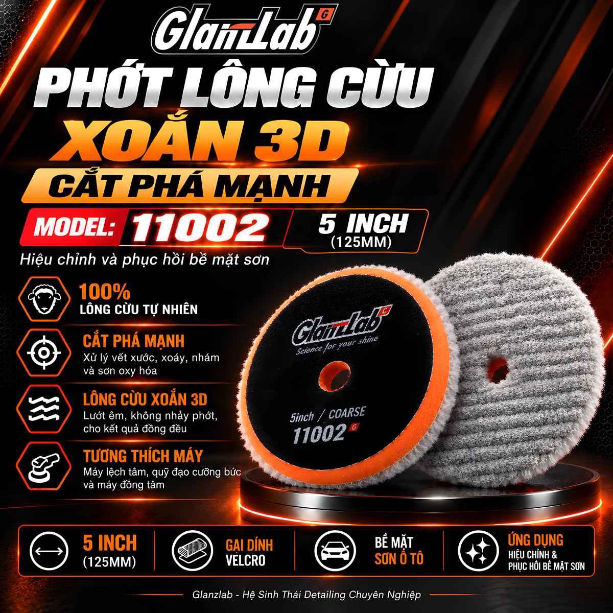 Phớt lông cừu xoắn 3D cắt phá 5 inch GlanzLab 11002 Wool Polishing Pad Phớt lông cừu xoắn 3D cắt phá 5 inch GlanzLab 11002 Wool Polishing Pad