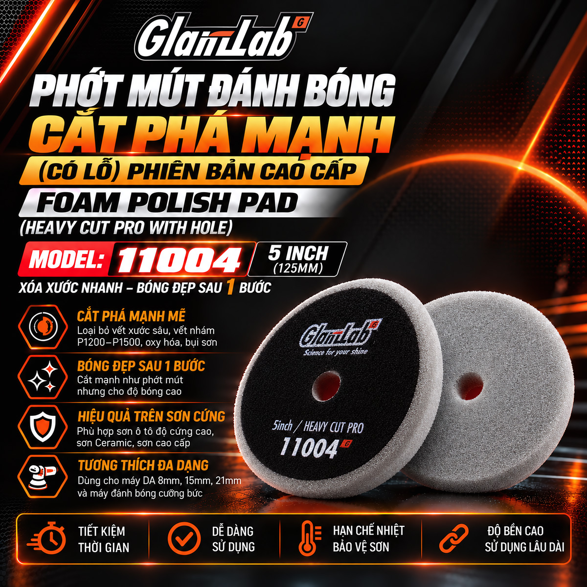 Phớt mút đánh bóng cắt phá mạnh có lỗ phiên bản cao cấp 5 inch GlanzLab 11004 Phớt mút đánh bóng cắt phá mạnh có lỗ phiên bản cao cấp 5 inch GlanzLab 11004